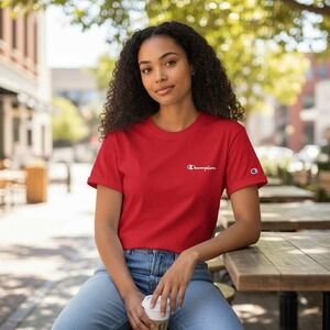 Women's‎ Champion Red Authentic Athleticwear Tee 100% Cotton Classic Logo Size L